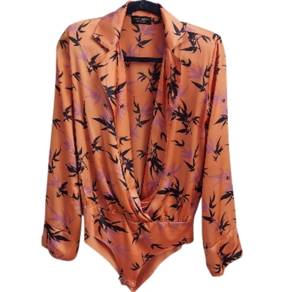 Zara Tops - ZARA Orange Floral Long Sleeve Silky Feel Bodysuit M